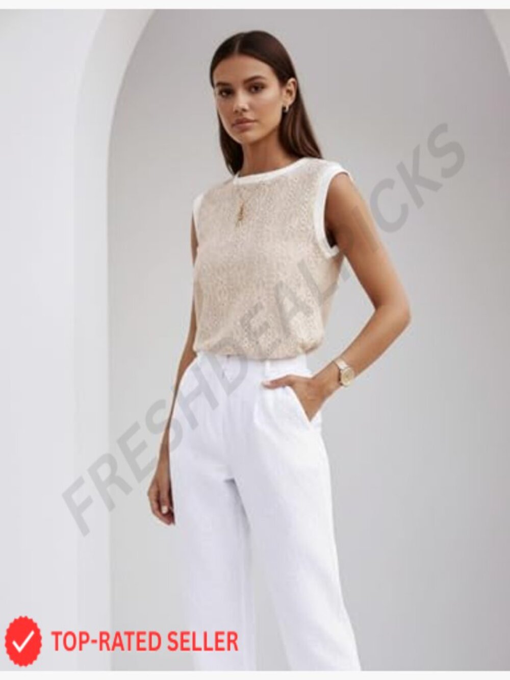 Sleeveless Beige Eyelet Knit Top - Women - Picture 3 of 7